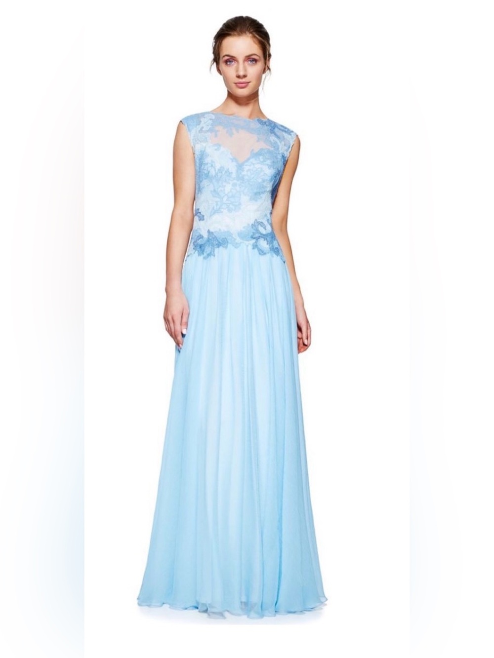 NWT Tadashi Shoji Light Blue Lace Appliqué Evening Gown Size 8